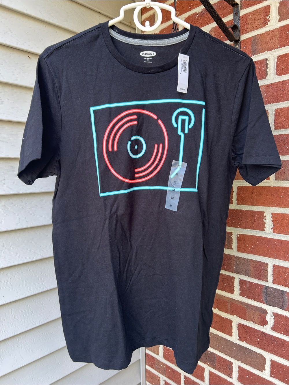 Old Navy Black Tee with Neon Red & Aqua Turntable Graphic